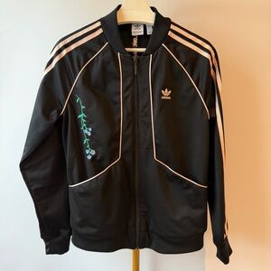 Adidas Women Originals Black Track Jacket Floral Embroidery Back Quote Sz M